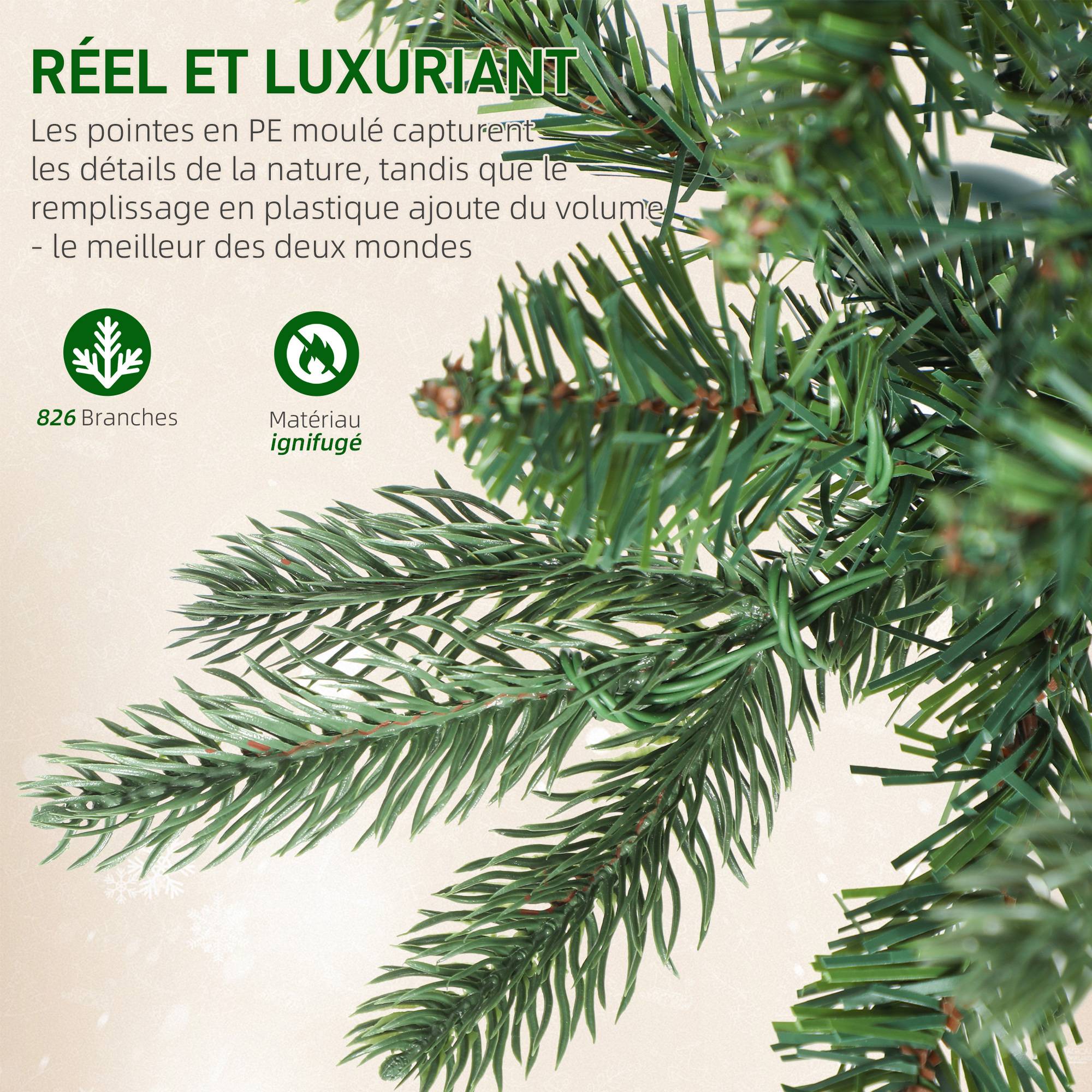 Sapin de Noël artificiel 210 cm, arbre de Noël slim avec 300 lumières 8 modes d'éclairage 826 branches articulées, vert - Image 8