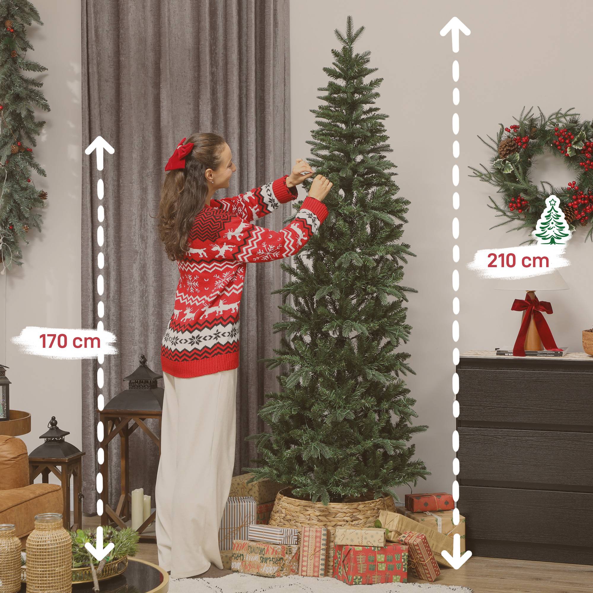 Sapin de Noël artificiel 210 cm, arbre de Noël slim avec 300 lumières 8 modes d'éclairage 826 branches articulées, vert - Image 5