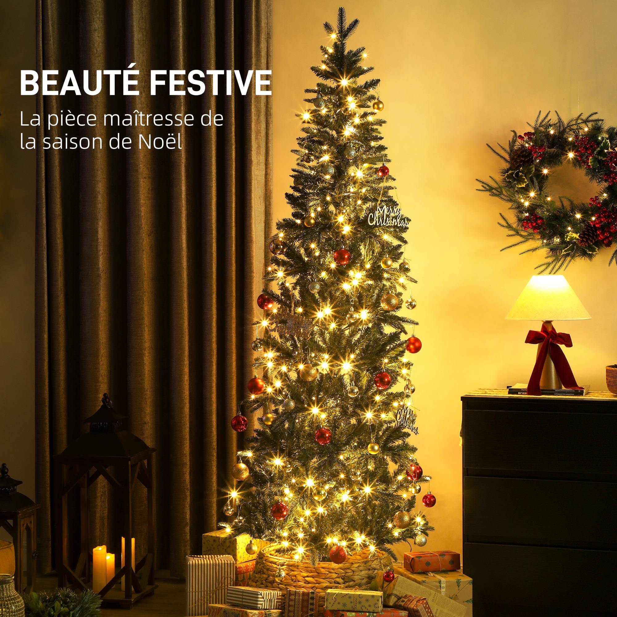 Sapin de Noël artificiel 210 cm, arbre de Noël slim avec 300 lumières 8 modes d'éclairage 826 branches articulées, vert - Image 6