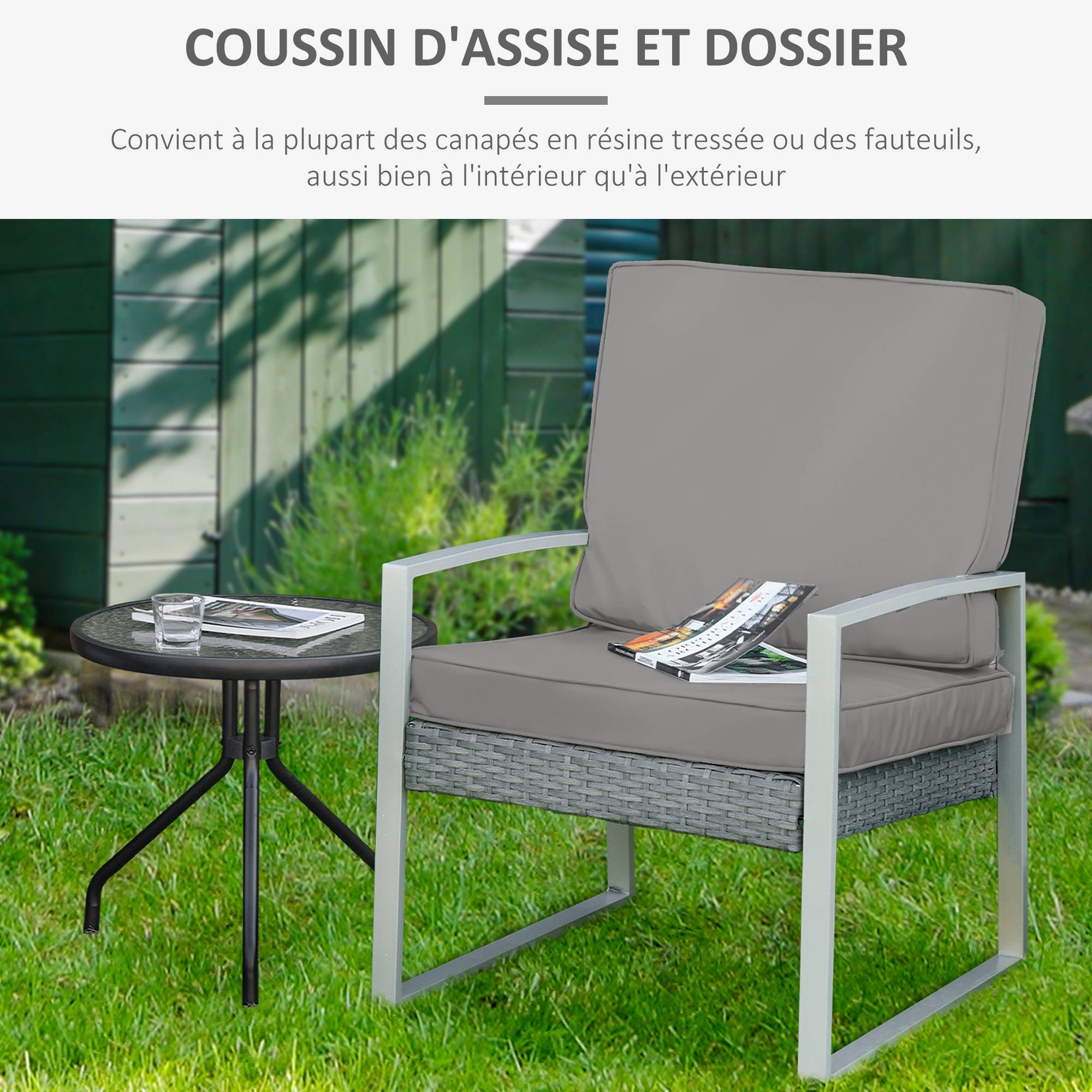 Coussins pour chaise fauteuil de jardin coussins d'assise de dossier déhoussables polyester 56x52/56x46cm gris clair - Image 6