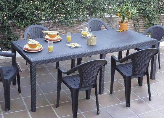 Dmora - Table d'extérieur Roma, Etagère à manger rectangulaire extensible, Table de jardin extensible effet rotin, 150/220x90h72 cm, Anthracite - Dmora - Image 4