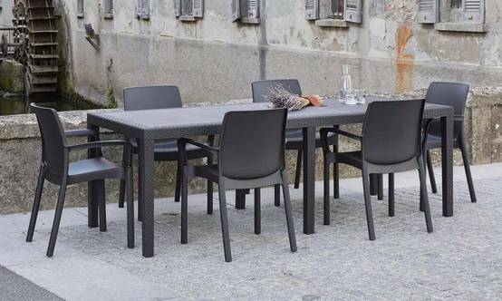 Dmora - Table d'extérieur Roma, Etagère à manger rectangulaire extensible, Table de jardin extensible effet rotin, 150/220x90h72 cm, Anthracite - Dmora - Image 2