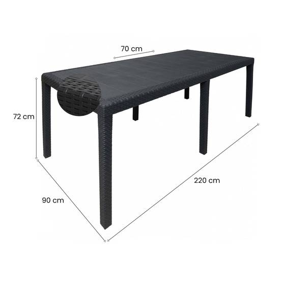 Dmora - Table d'extérieur Roma, Etagère à manger rectangulaire extensible, Table de jardin extensible effet rotin, 150/220x90h72 cm, Anthracite - Dmora - Image 3