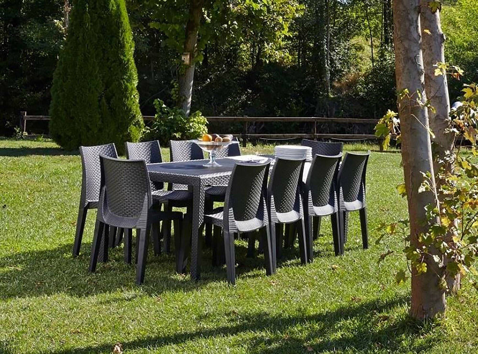Dmora - Table d'extérieur Roma, Etagère à manger rectangulaire extensible, Table de jardin extensible effet rotin, 150/220x90h72 cm, Anthracite - Dmora - Image 5