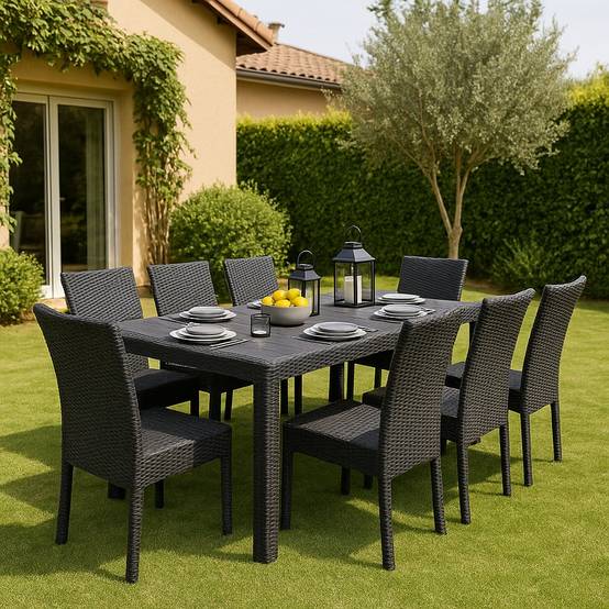 Dmora - Table d'extérieur Roma, Etagère à manger rectangulaire extensible, Table de jardin extensible effet rotin, 150/220x90h72 cm, Anthracite - Dmora - Image 8