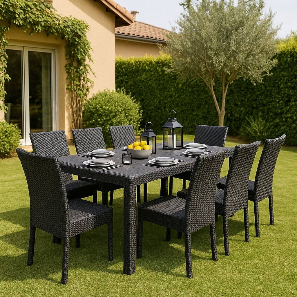 Dmora - Table d'extérieur Roma, Etagère à manger rectangulaire extensible, Table de jardin extensible effet rotin, 150/220x90h72 cm, Anthracite - Dmora - Image 8