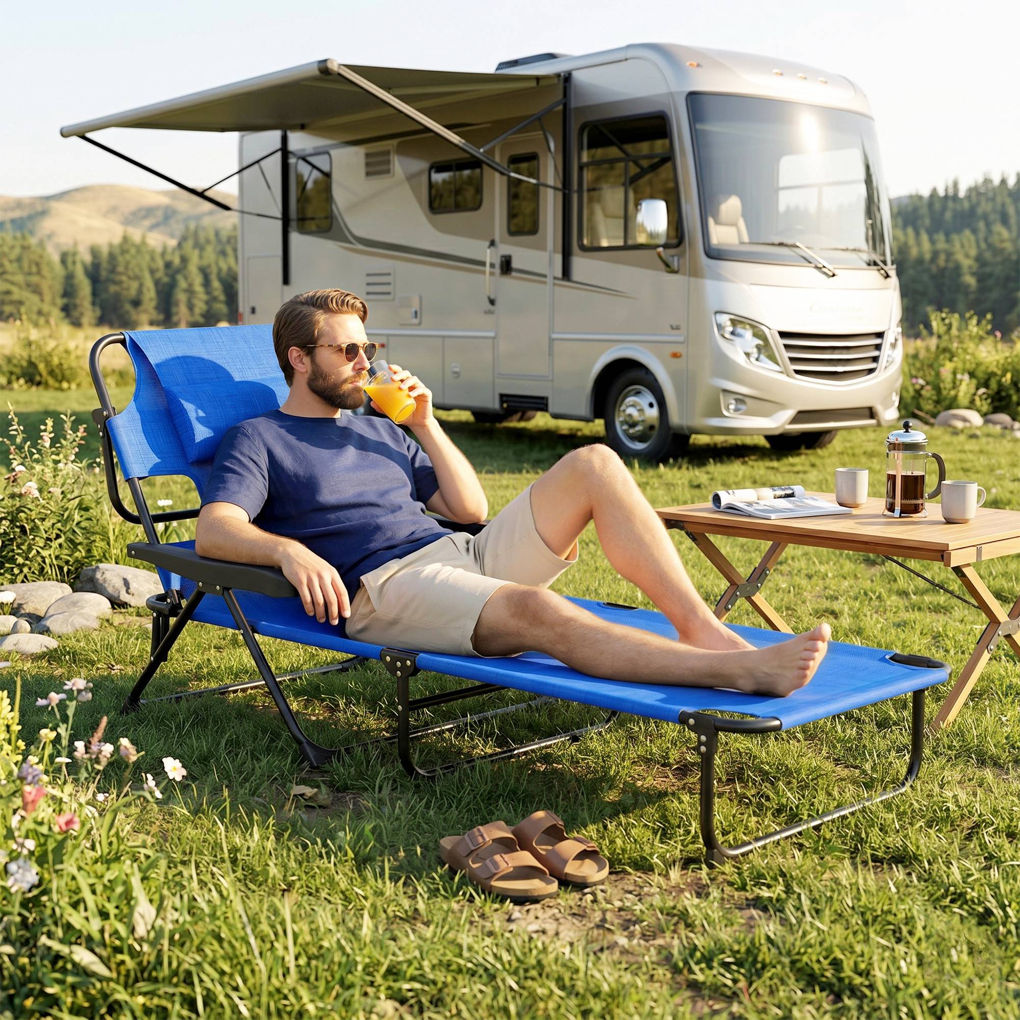 Transat, chaise longue de jardin, chaise longue de détente, pliable, résistant aux intempéries, 194 cm x 72 cm x 31 cm, noir et bleu foncé - Image 10