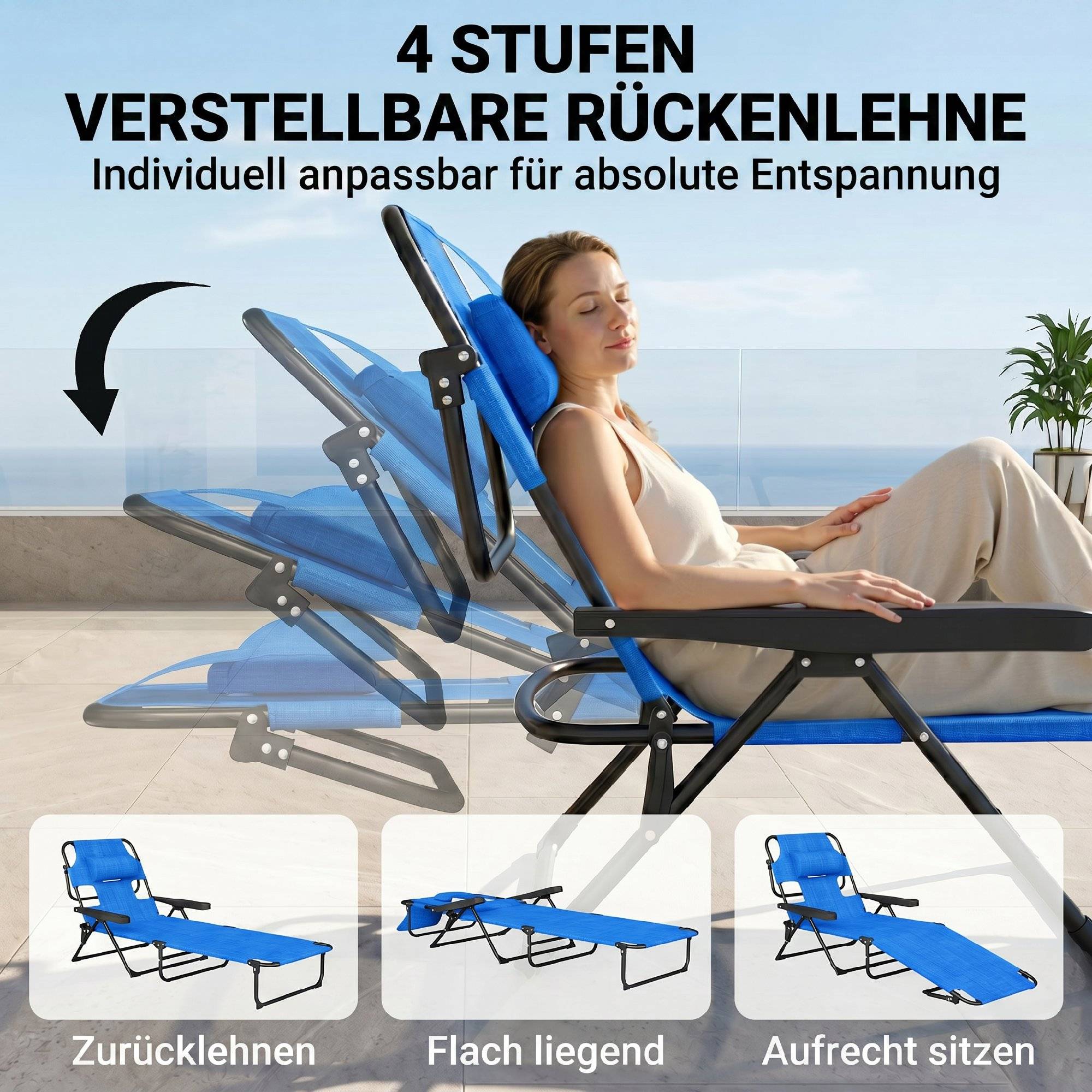 Transat, chaise longue de jardin, chaise longue de détente, pliable, résistant aux intempéries, 194 cm x 72 cm x 31 cm, noir et bleu foncé - Image 7