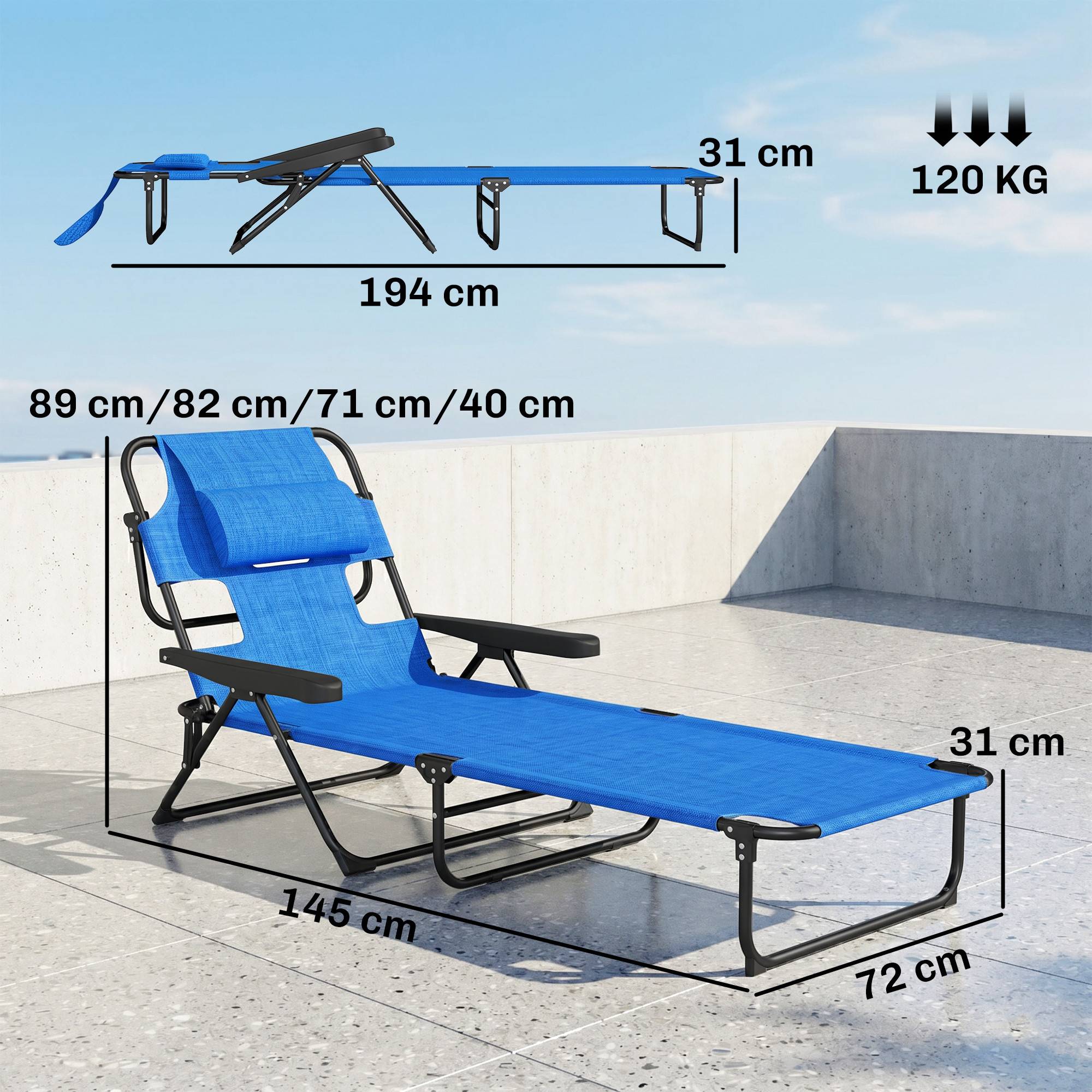 Transat, chaise longue de jardin, chaise longue de détente, pliable, résistant aux intempéries, 194 cm x 72 cm x 31 cm, noir et bleu foncé - Image 5