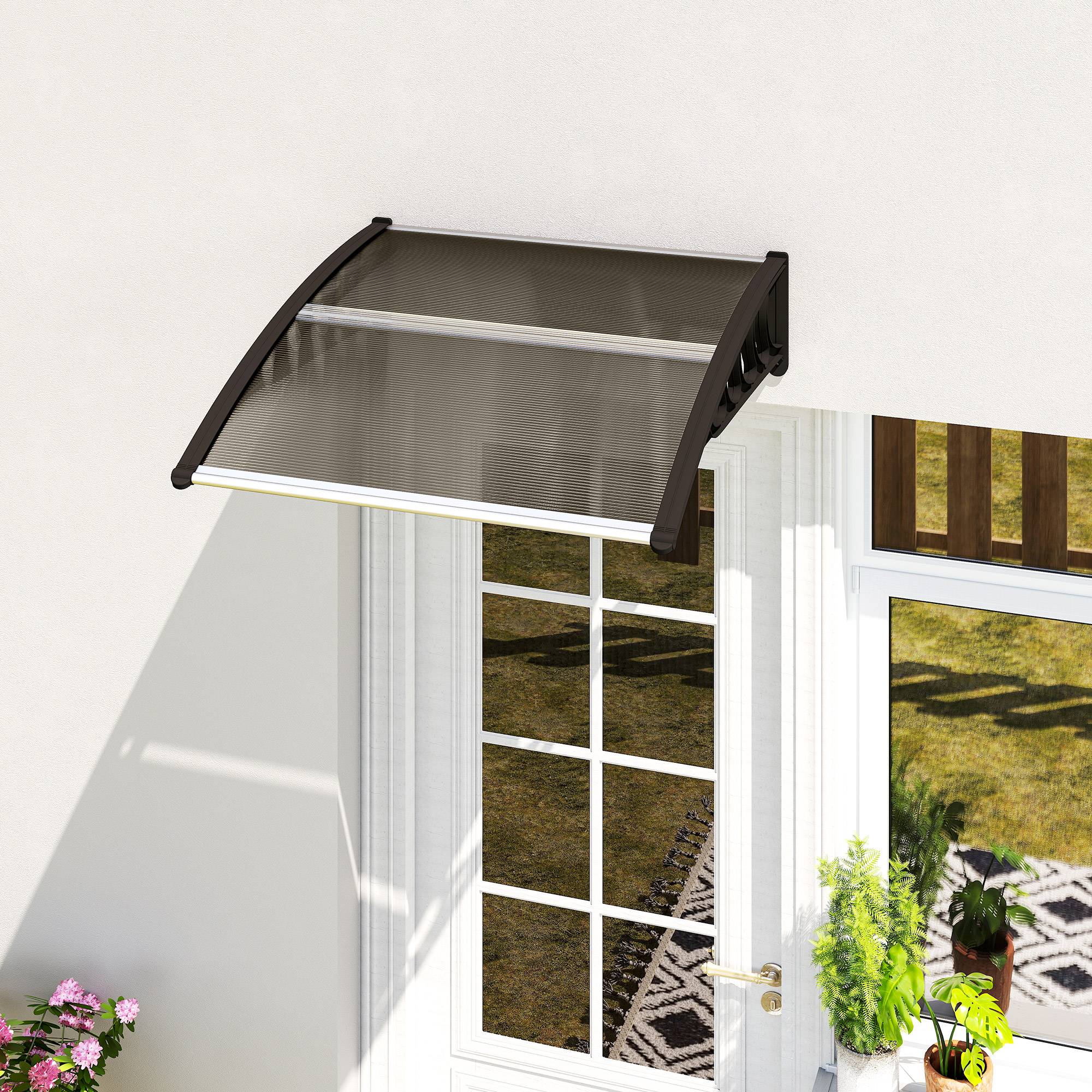 ComfortXL - Marquise de porte extérieure en polycarbonate et aluminium marron 103 x 96,5 cm pour entrée protection UV