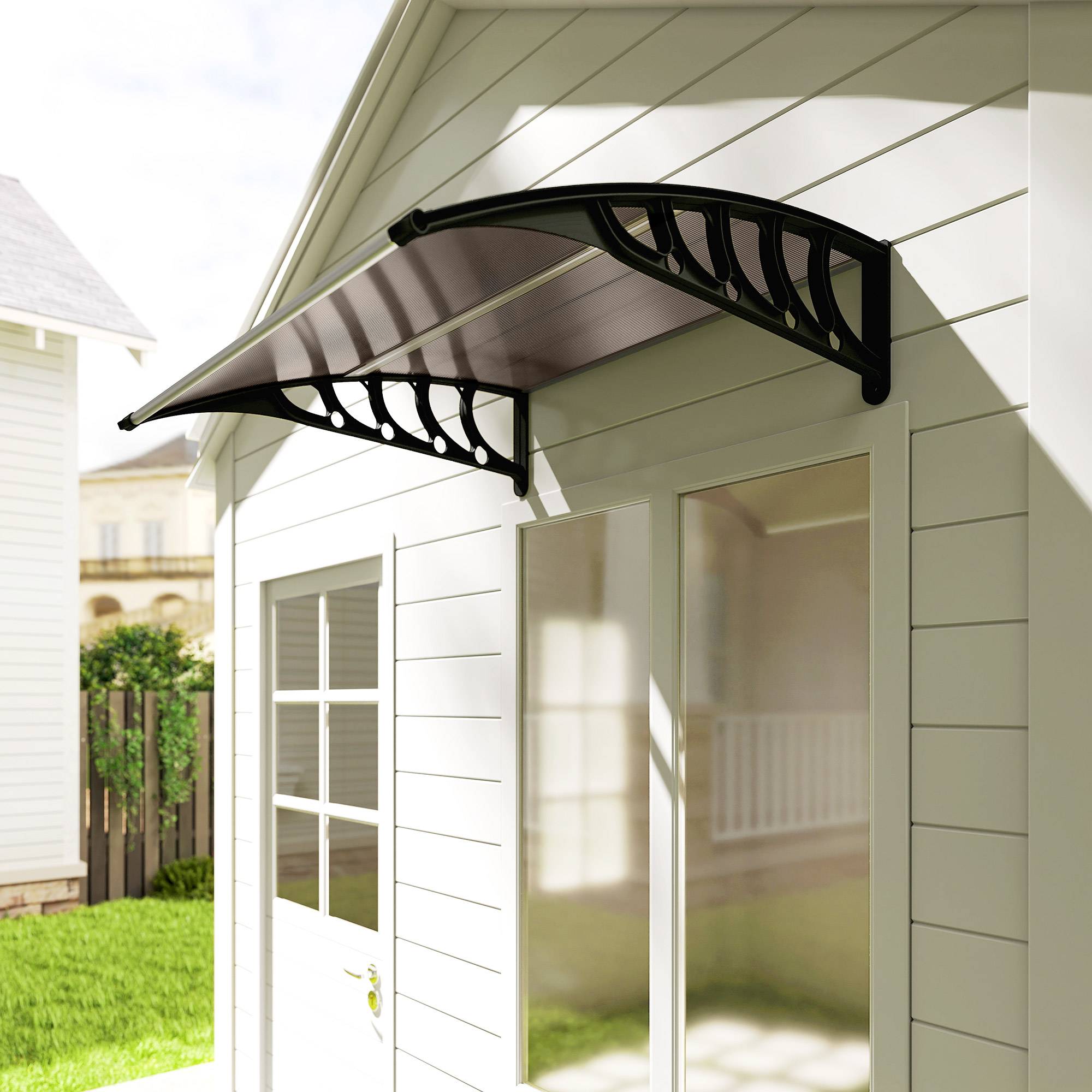 ComfortXL - Marquise de porte extérieure en polycarbonate et aluminium marron 103 x 96,5 cm pour entrée protection UV - Image 8