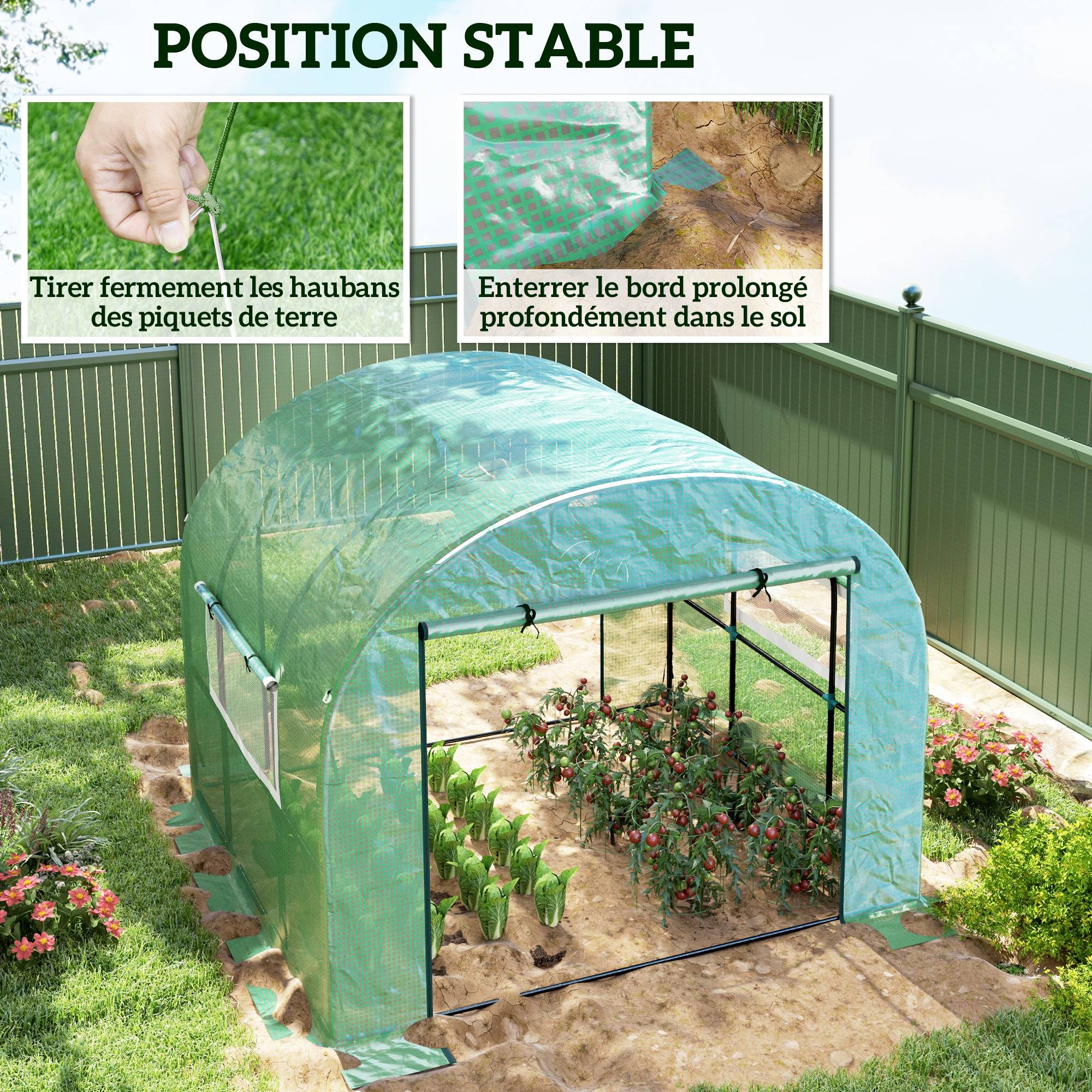 Serre de jardin serre tunnel de jardin 9m² PE Haute densité 135 g/m², avec 2 portes zippées 300 x 300 x 200 cm, vert - Image 9