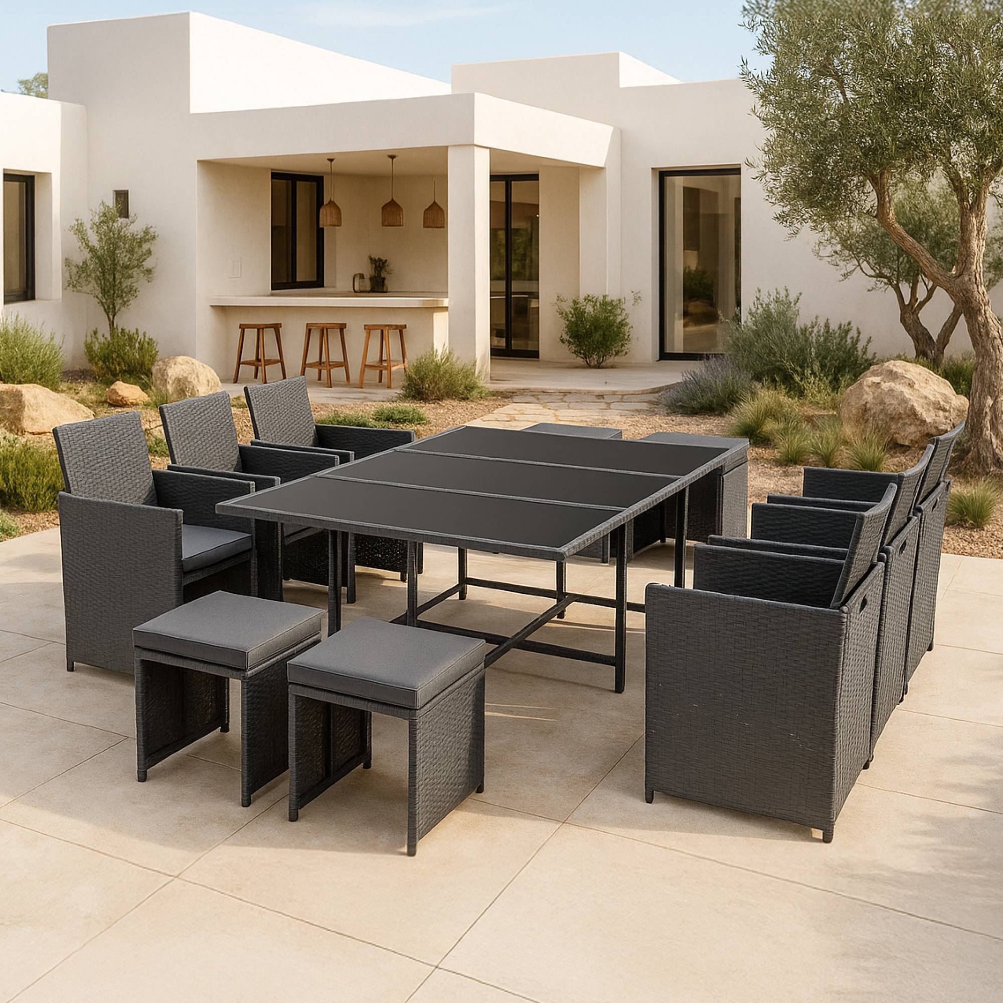 Salon de Jardin Laredo Acier Polyrotin Gris Foncé Coussins Gris Ardoise [en.casa] - Imagen 1