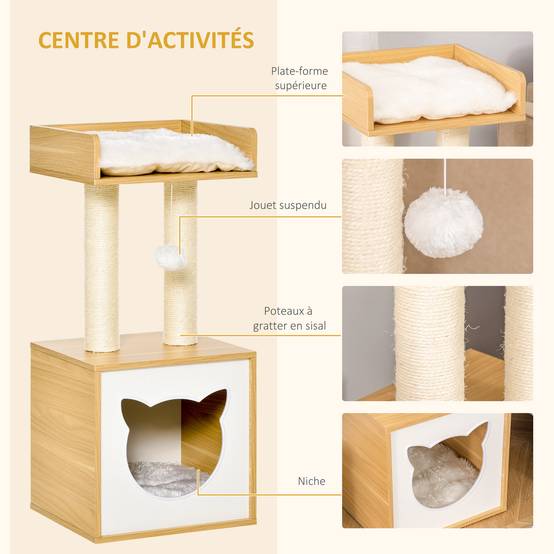 Arbre à chat design bois chêne peluche niche plateforme balle jeu 35x35x81cm - ComfortXL Outdoor Living - Image 7