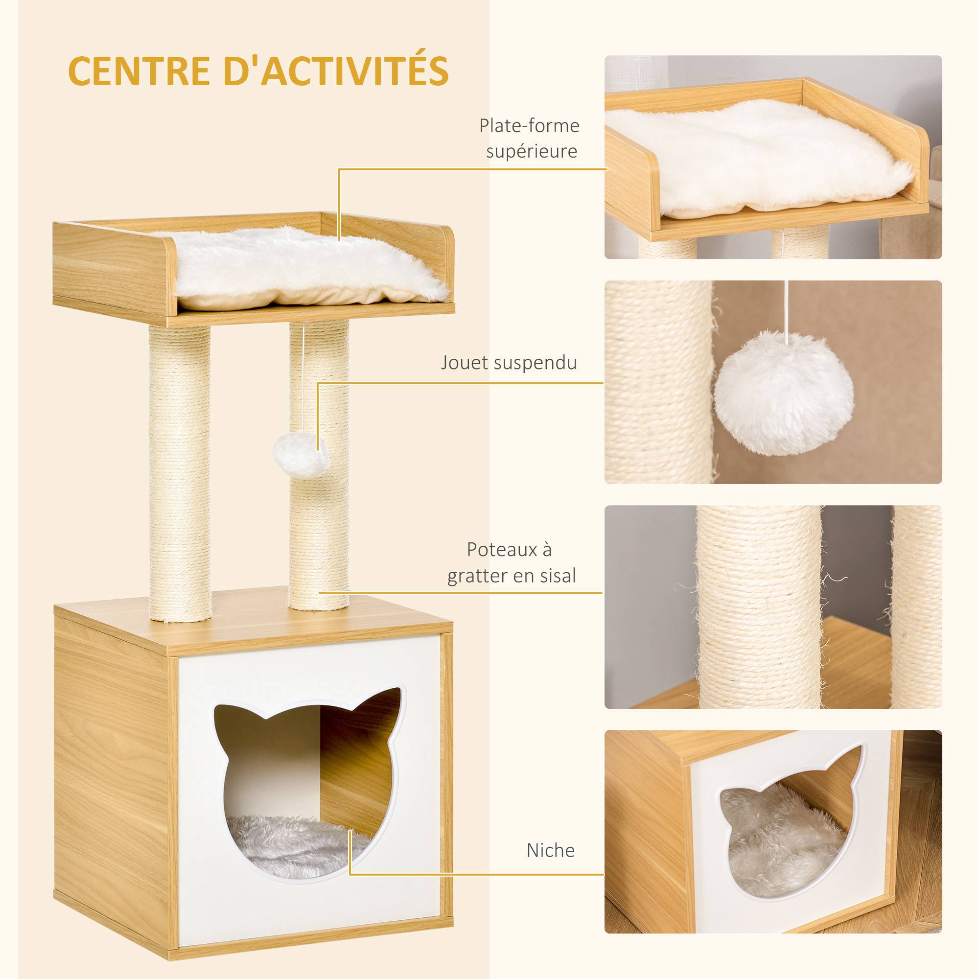 Arbre à chat design bois chêne peluche niche plateforme balle jeu 35x35x81cm - ComfortXL Outdoor Living - Image 7