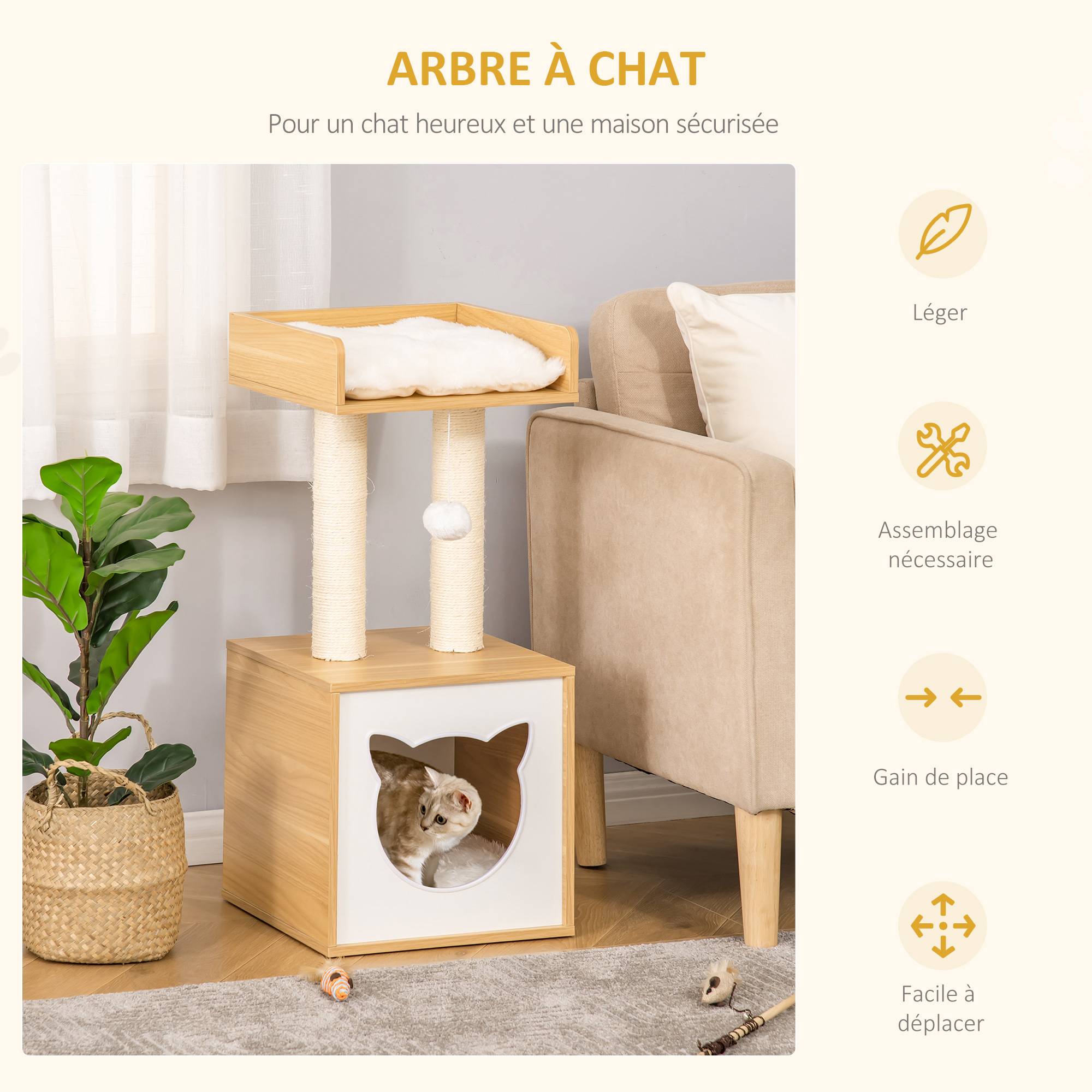 Arbre à chat design bois chêne peluche niche plateforme balle jeu 35x35x81cm - ComfortXL Outdoor Living - Image 5