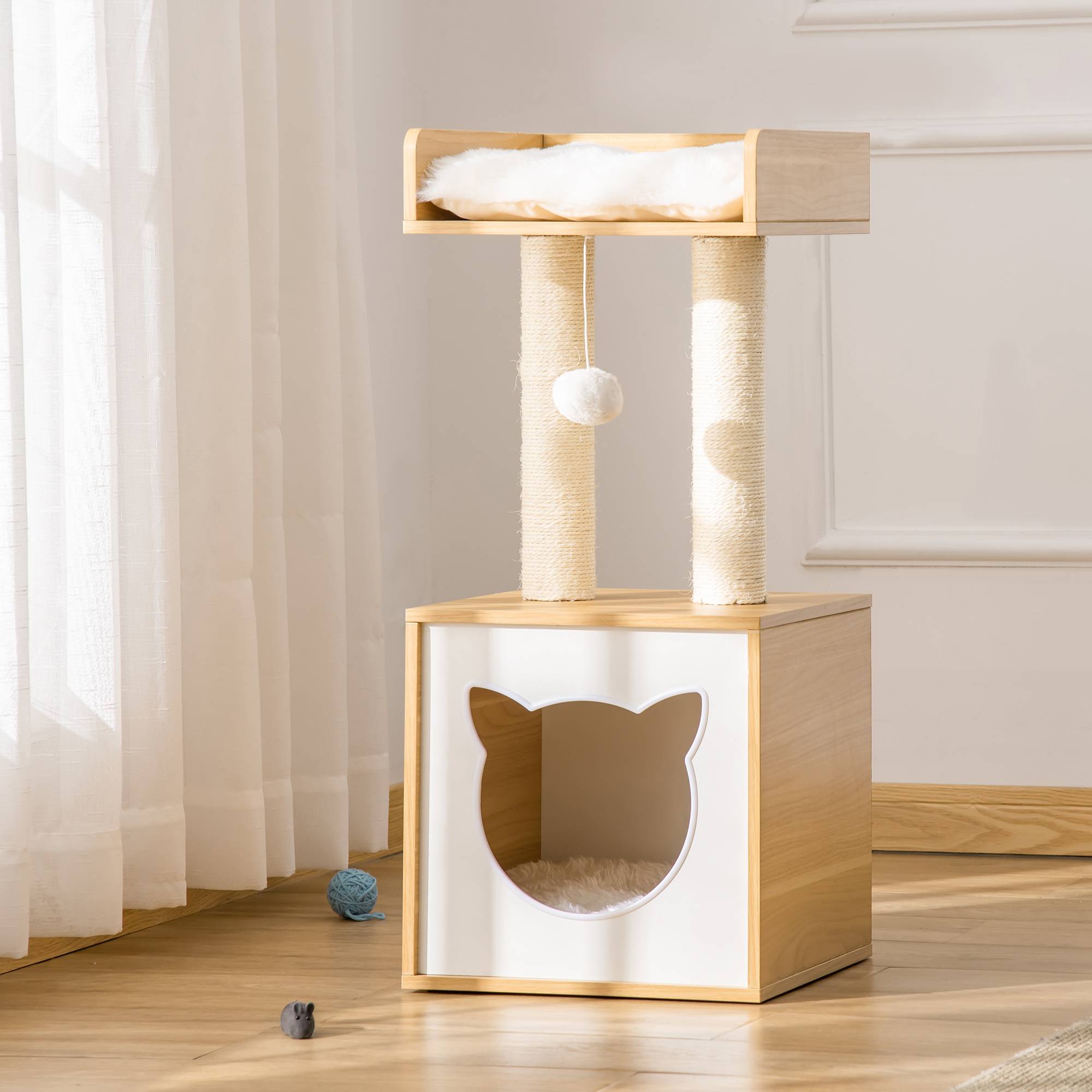 Arbre à chat design bois chêne peluche niche plateforme balle jeu 35x35x81cm - ComfortXL Outdoor Living - Image 3