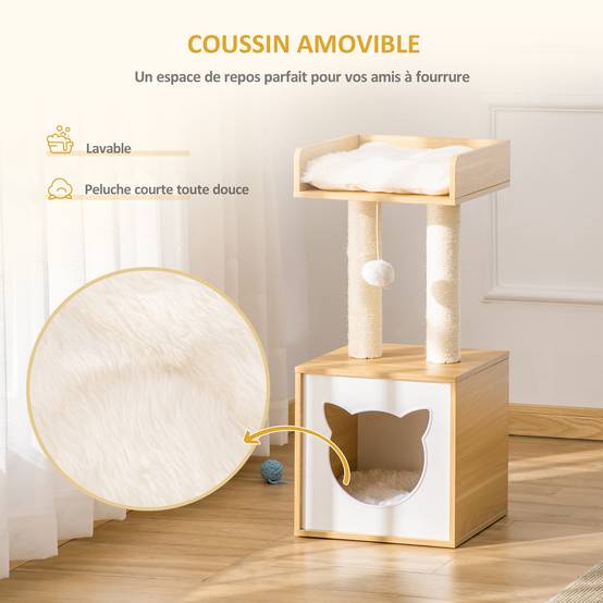 Arbre à chat design bois chêne peluche niche plateforme balle jeu 35x35x81cm - ComfortXL Outdoor Living - Image 6