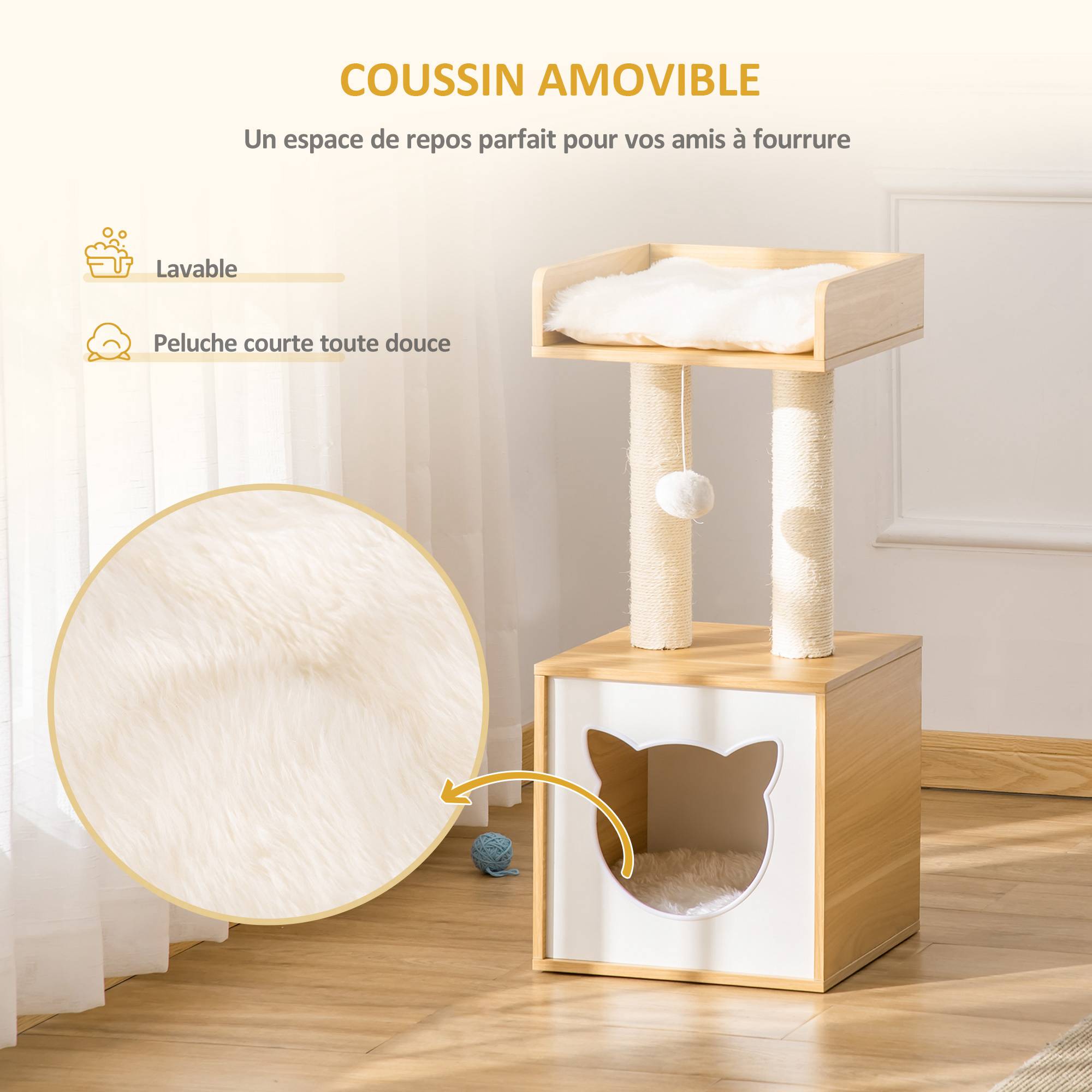 Arbre à chat design bois chêne peluche niche plateforme balle jeu 35x35x81cm - ComfortXL Outdoor Living - Image 6