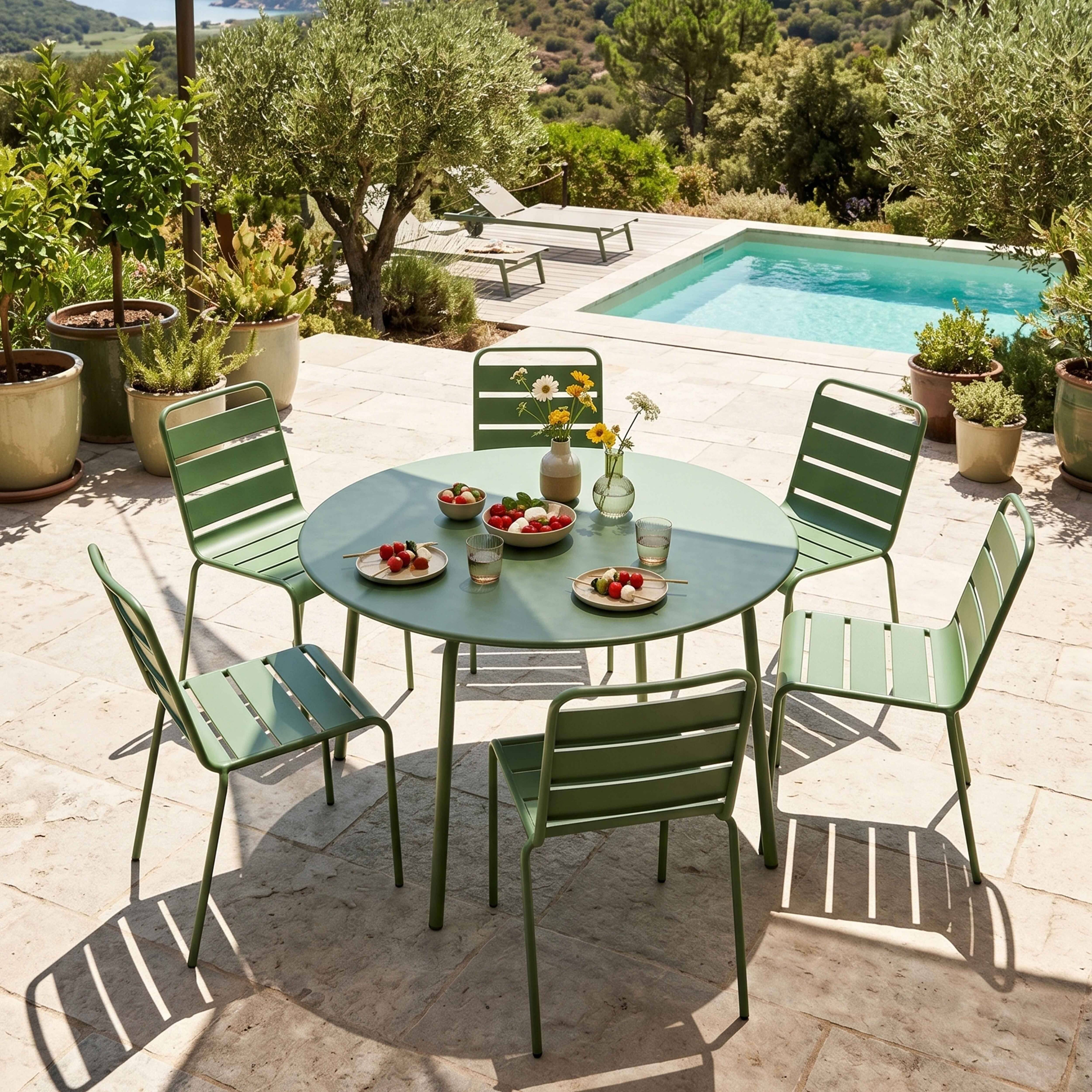 Oviala - Ensemble table de jardin ronde et 6 chaises en métal vert cactus Palavas - Oviala - Imagen 2
