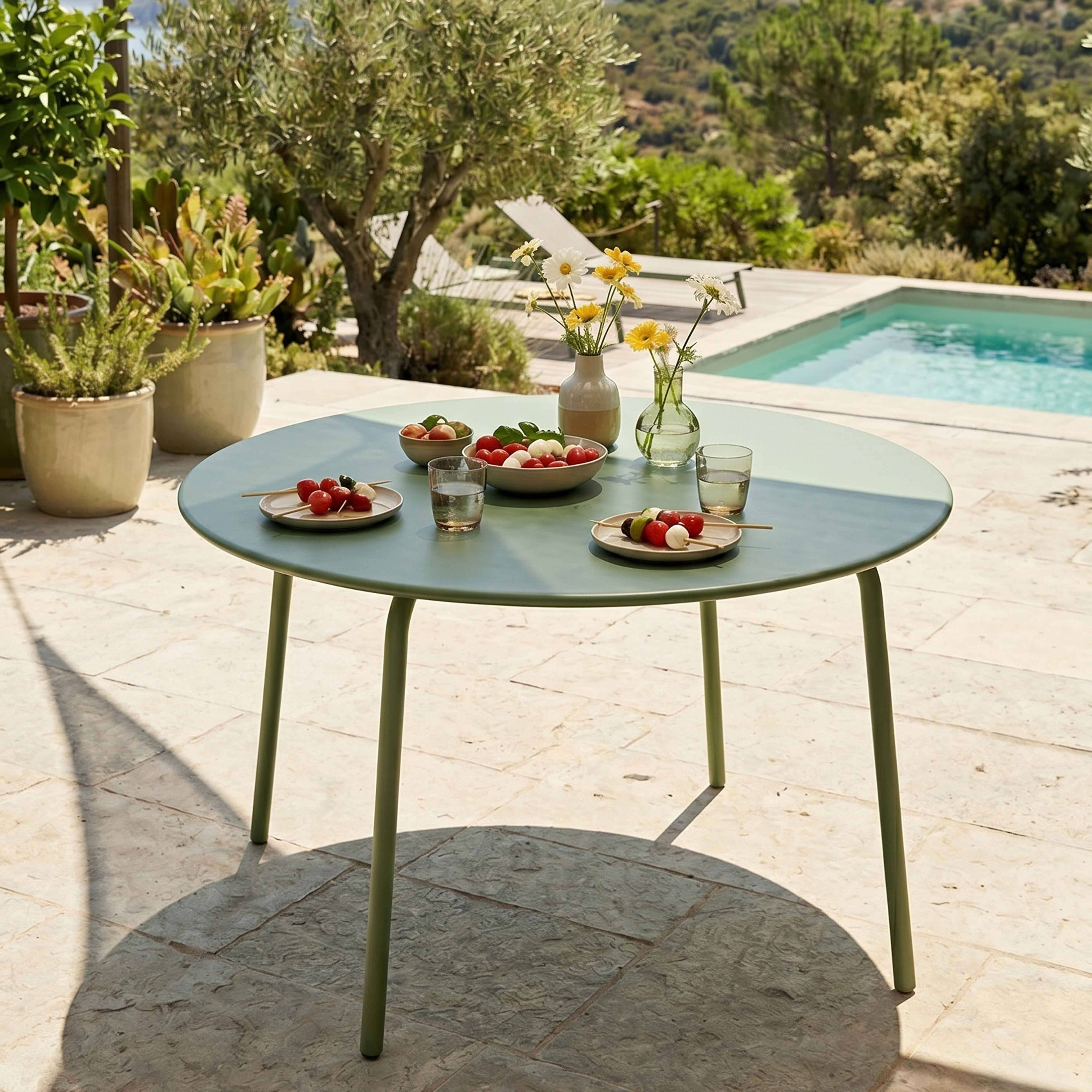 Oviala - Ensemble table de jardin ronde et 6 chaises en métal vert cactus Palavas - Oviala - Imagen 4