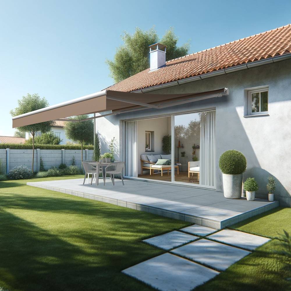 Store banne monobloc ESPAI 5,00x3,50m (Motorisé à télécommande + manœuvre de secours - Taupe - Blanc) - Alia Productions - Imagen 1