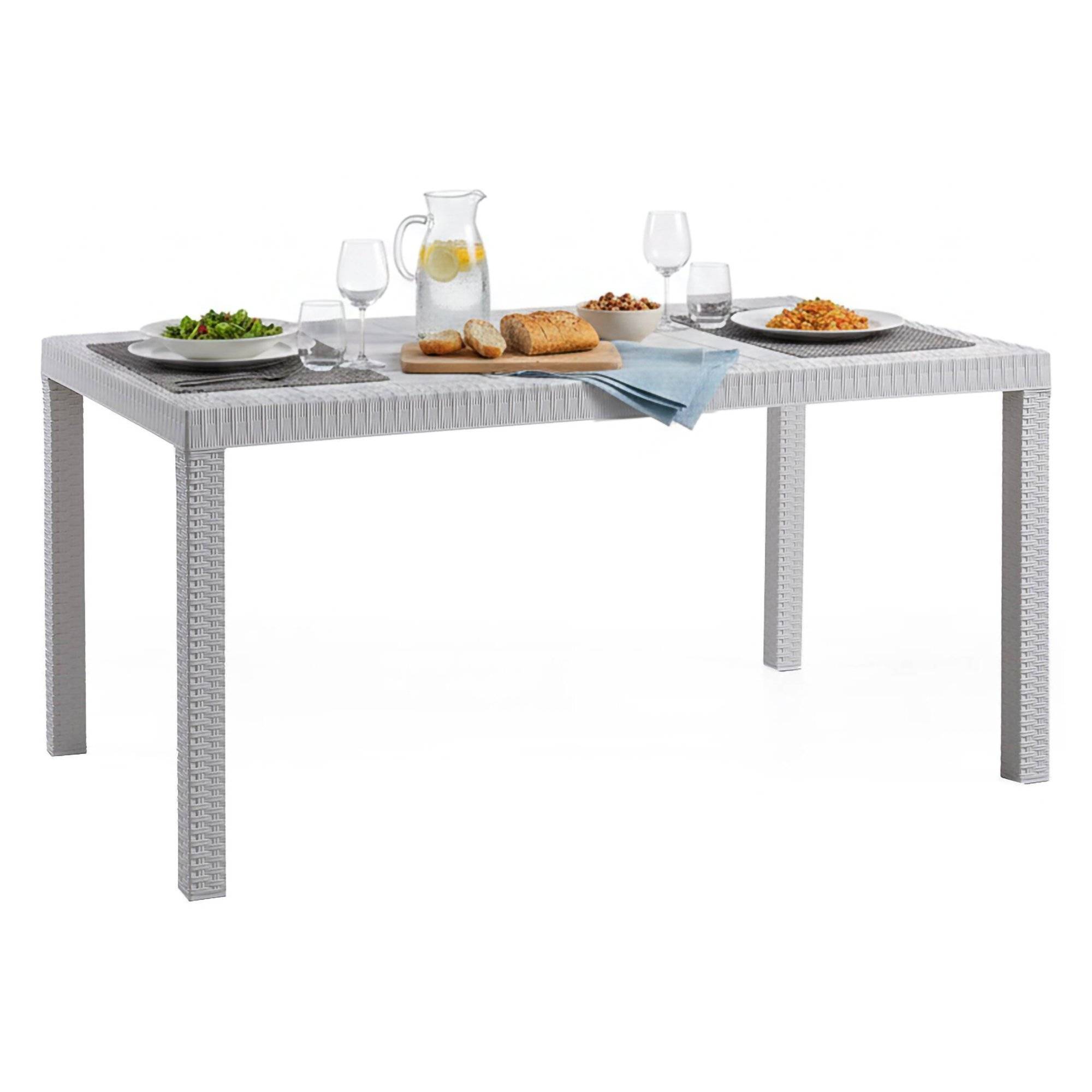 Dmora - Table d'extérieur Debueh, Table de jardin rectangulaire, Table de jardin polyvalente effet rotin, 100% Made in Italy, 150x90h74 cm, Blanc - Dmora - Imagen 1