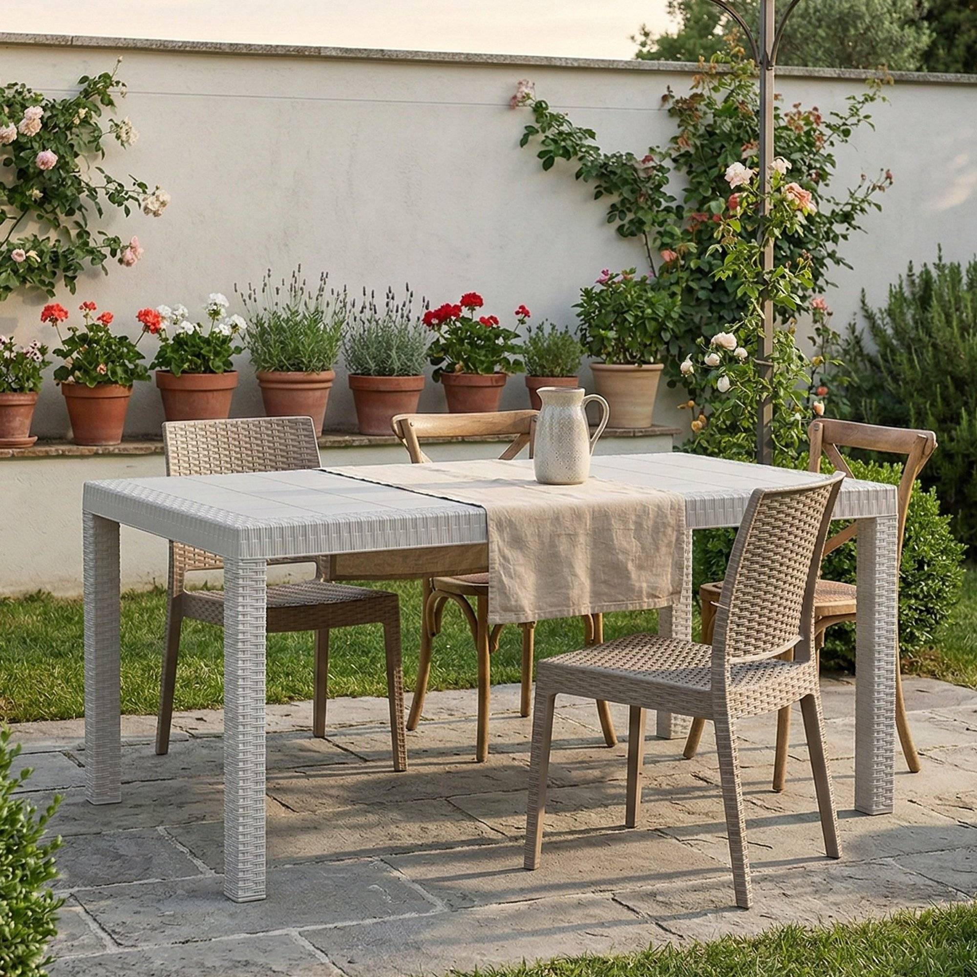 Dmora - Table d'extérieur Debueh, Table de jardin rectangulaire, Table de jardin polyvalente effet rotin, 100% Made in Italy, 150x90h74 cm, Blanc - Dmora - Imagen 2