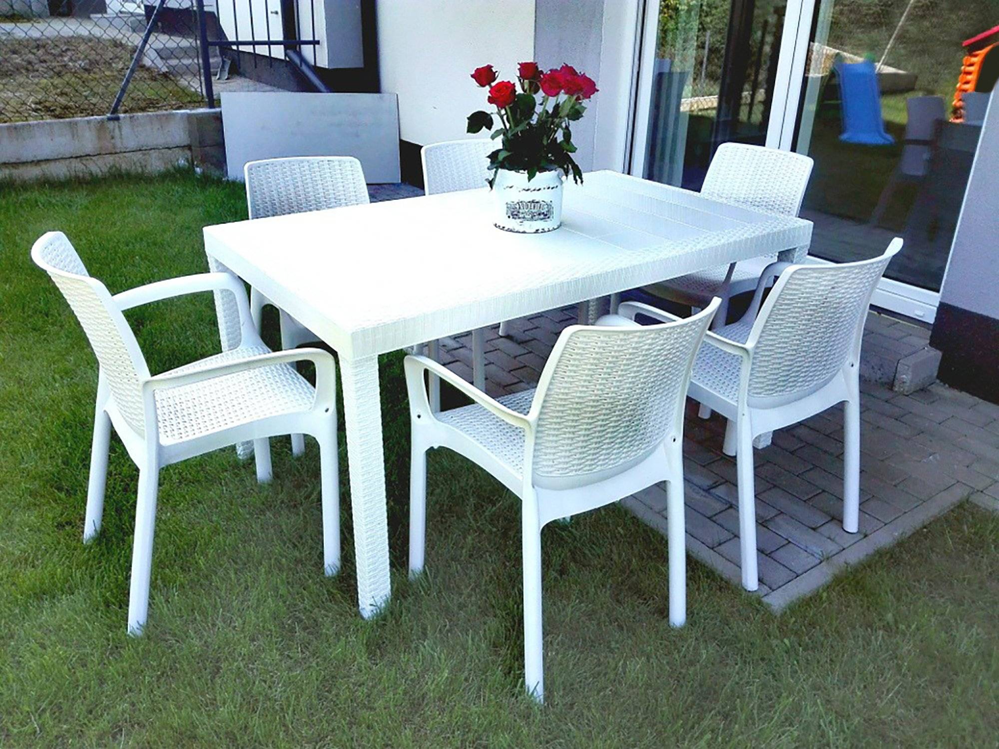 Dmora - Table d'extérieur Debueh, Table de jardin rectangulaire, Table de jardin polyvalente effet rotin, 100% Made in Italy, 150x90h74 cm, Blanc - Dmora - Imagen 5