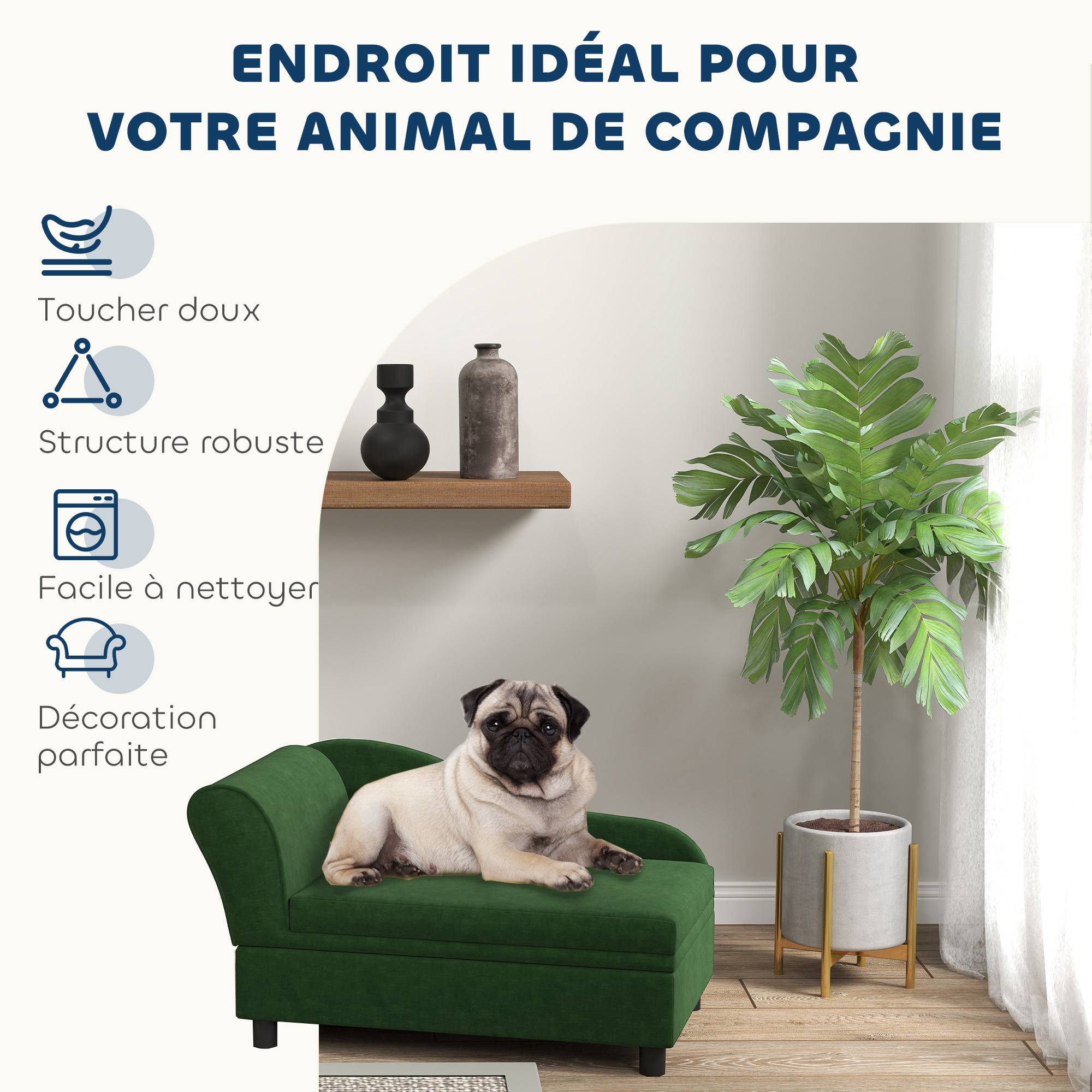 Canapé velours avec coffre rangement chien chat dossier accoudoirs 76cm vert - ComfortXL Outdoor Living - Image 6
