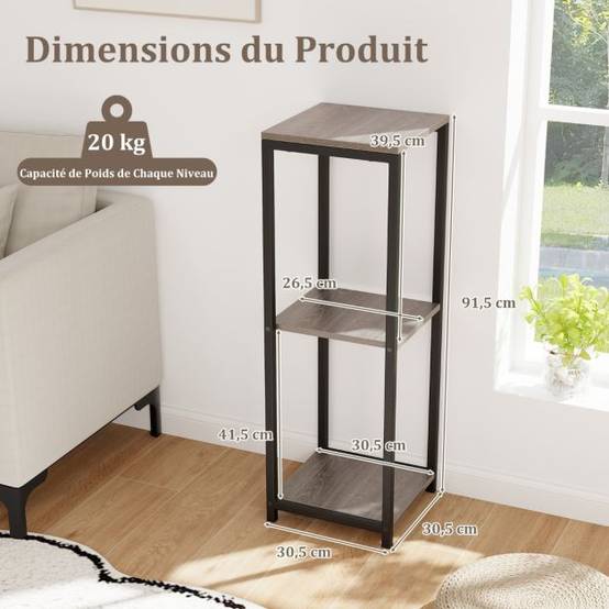Supports de plantes métallique à 3 niveaux porte-plantes d'angle avec dispositifs anti-basculement organisateur de pots de fleurs carré gris - Image 3