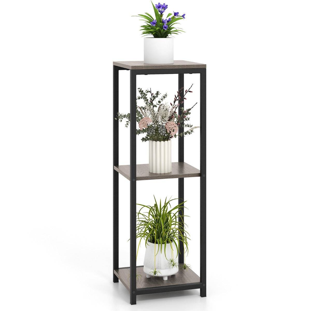 Supports de plantes métallique à 3 niveaux porte-plantes d'angle avec dispositifs anti-basculement organisateur de pots de fleurs carré gris - Image 1