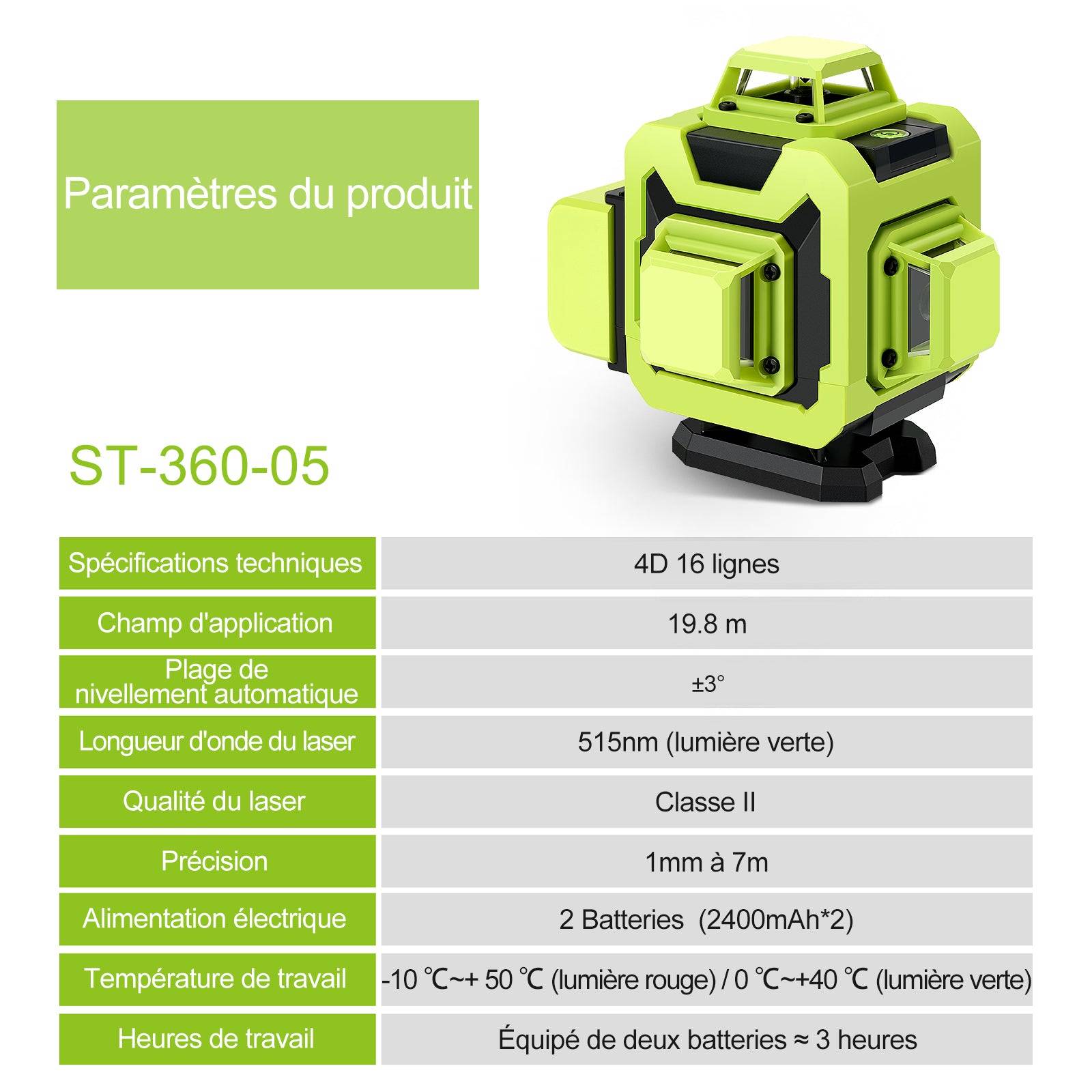 Niveau laser 4 x 360°, 4D 16 Line, Batterie Rechargeable 2 x 2400 mAh - Image 3