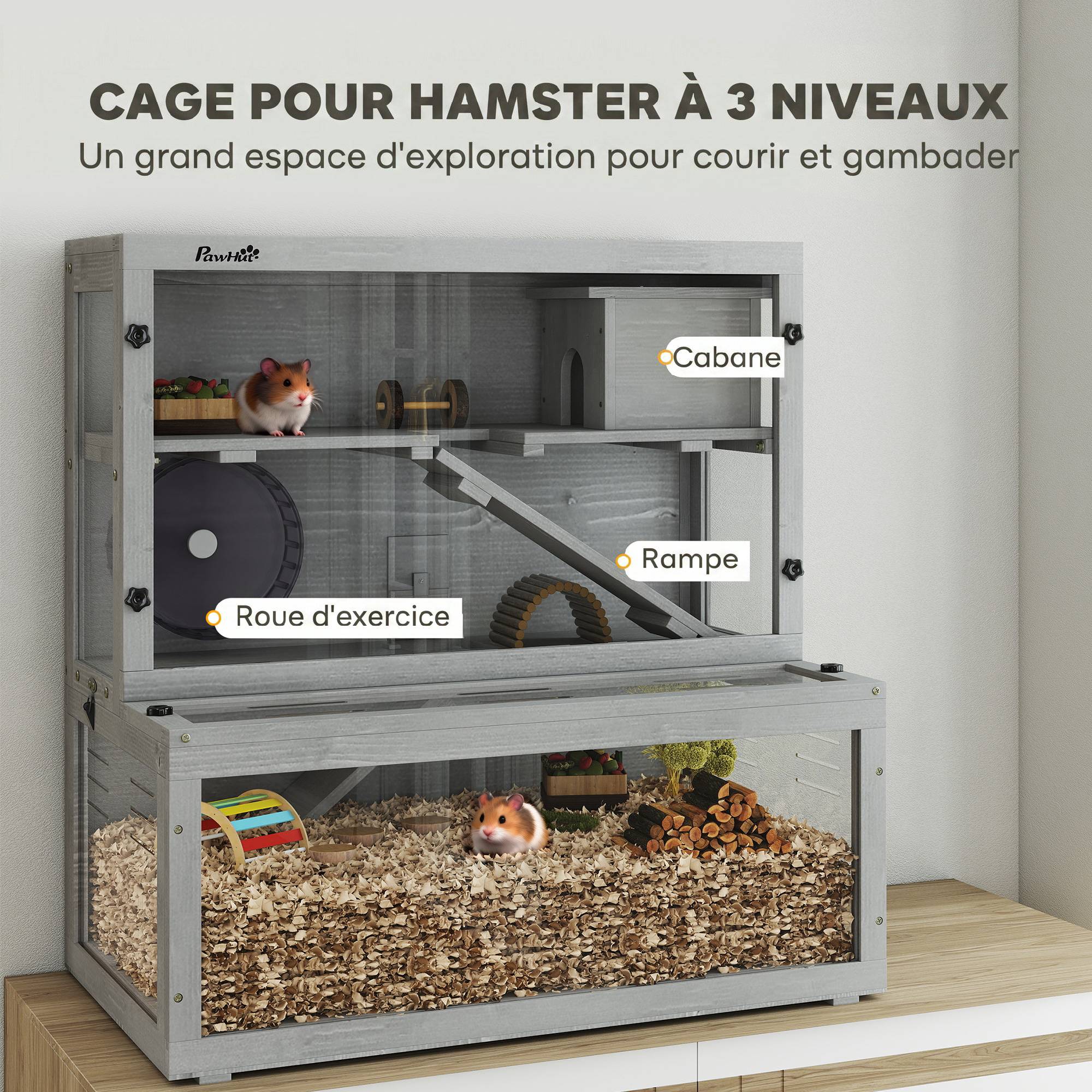 Cage hamster bois 3 niveaux, cabane, roue, rampes, panneau transparent, espaces séparés, 80x50x84cm, gris - Image 6