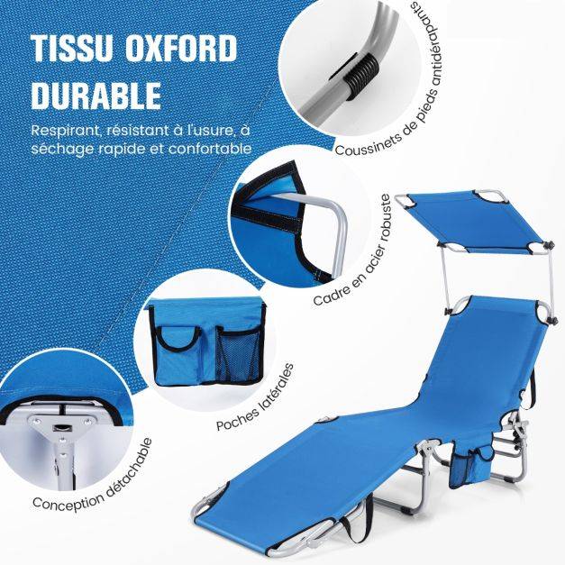 Helloshop26 - Chaise longue pliante inclinable avec auvent rotatif à 360° charge 150kg bain de soleil réglable à 5 positions métal antirouille bleu - Imagen 2