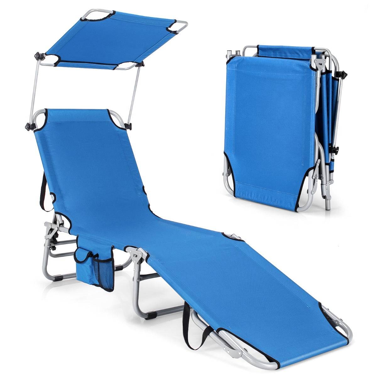 Helloshop26 - Chaise longue pliante inclinable avec auvent rotatif à 360° charge 150kg bain de soleil réglable à 5 positions métal antirouille bleu - Imagen 1