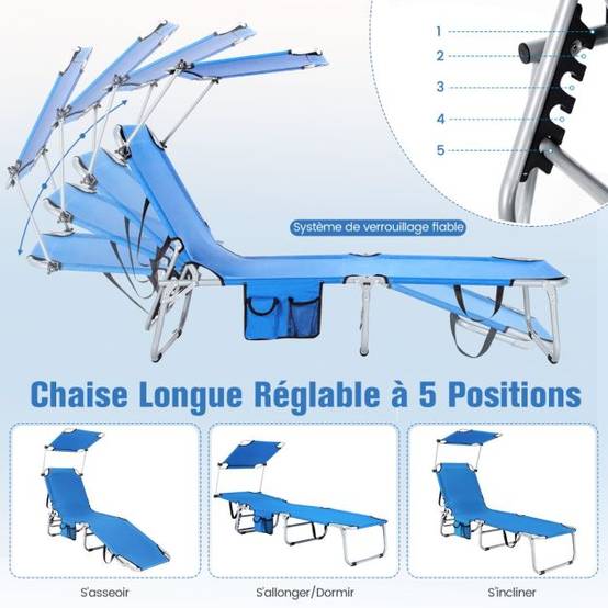 Helloshop26 - Chaise longue pliante inclinable avec auvent rotatif à 360° charge 150kg bain de soleil réglable à 5 positions métal antirouille bleu - Imagen 3