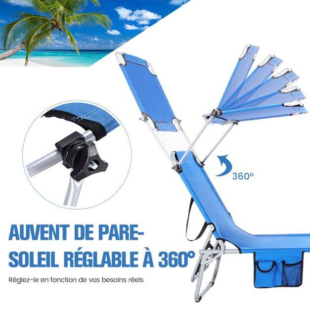 Helloshop26 - Chaise longue pliante inclinable avec auvent rotatif à 360° charge 150kg bain de soleil réglable à 5 positions métal antirouille bleu - Imagen 4