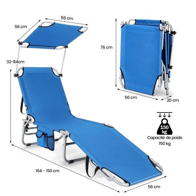 Helloshop26 - Chaise longue pliante inclinable avec auvent rotatif à 360° charge 150kg bain de soleil réglable à 5 positions métal antirouille bleu - Imagen 5