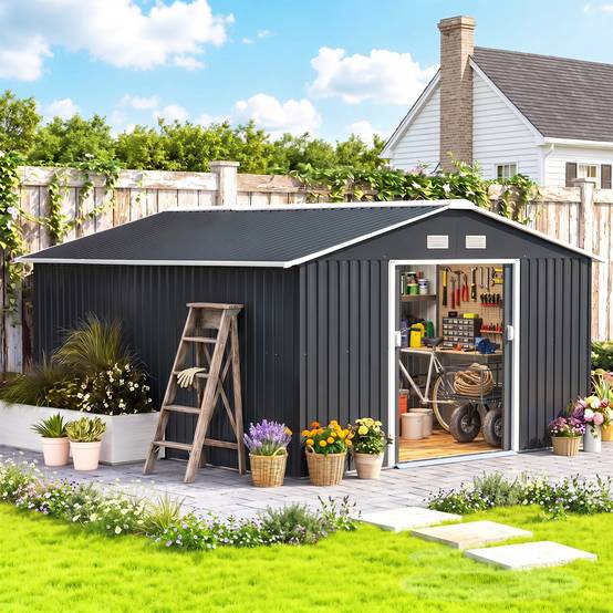 Sans Marque - Abri jardin acier galvanisé 12,4m² fondation aérations toit pente double porte outils gris - Image 3