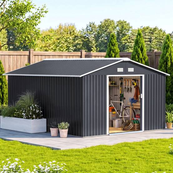 Sans Marque - Abri jardin acier galvanisé 12,4m² fondation aérations toit pente double porte outils gris - Image 4