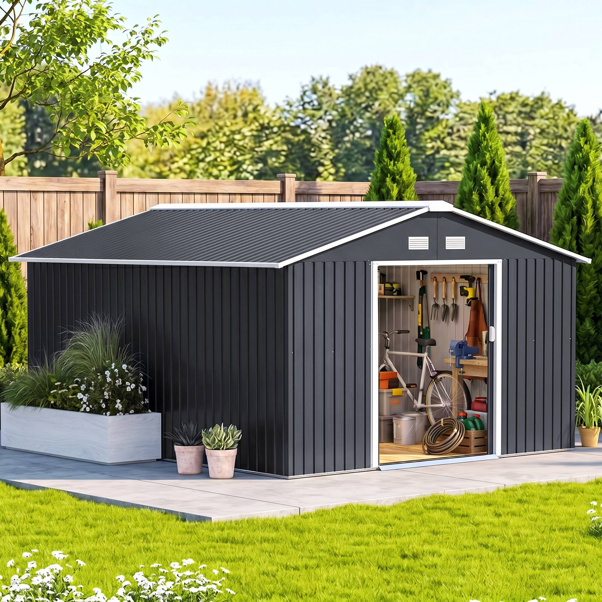 Sans Marque - Abri jardin acier galvanisé 12,4m² fondation aérations toit pente double porte outils gris - Image 4