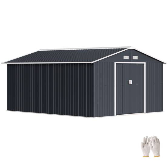 Sans Marque - Abri jardin acier galvanisé 12,4m² fondation aérations toit pente double porte outils gris - Image 1
