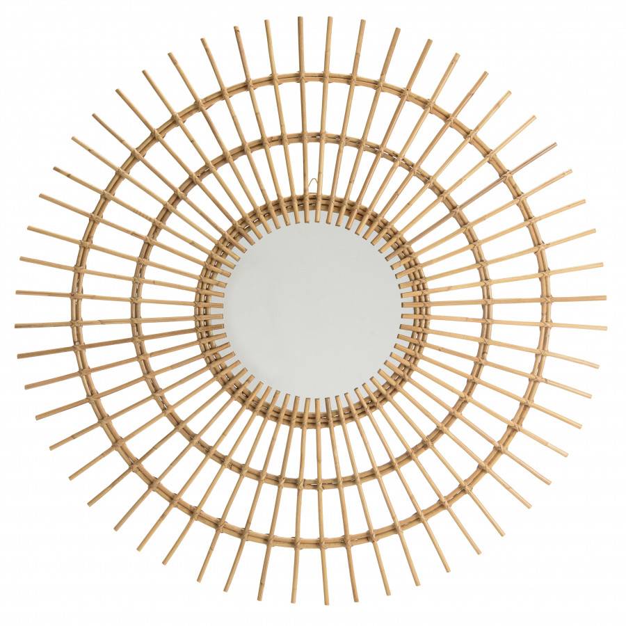 Macabane - KALLY - Miroir rond 100cm modèle soleil en rotin couleur brun miel - Imagen 1
