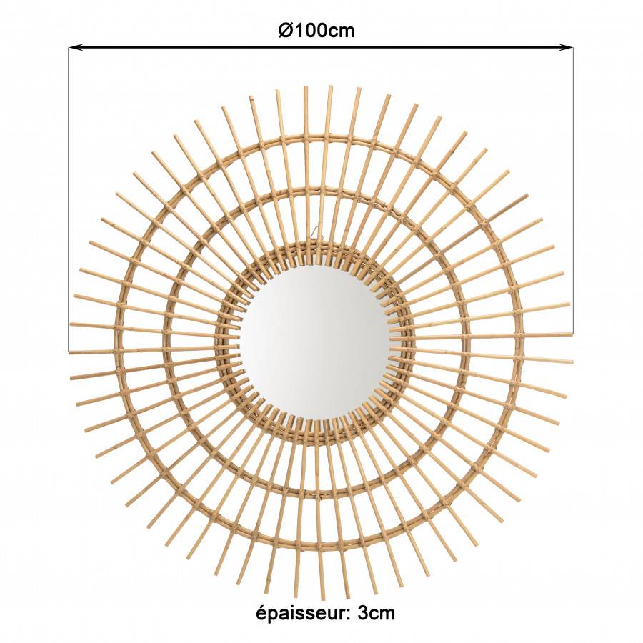 Macabane - KALLY - Miroir rond 100cm modèle soleil en rotin couleur brun miel - Imagen 8