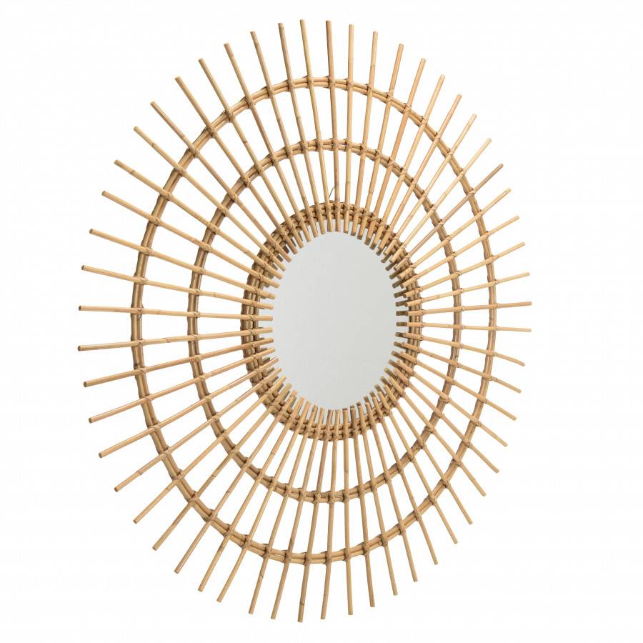Macabane - KALLY - Miroir rond 100cm modèle soleil en rotin couleur brun miel - Imagen 6