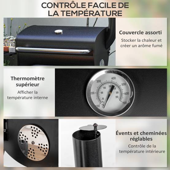 Outsunny - Barbecue au charbon de bois avec étagères, roulettes, couvercle, thermomètre, cheminée - en métal - noir - Outsunny - Image 5