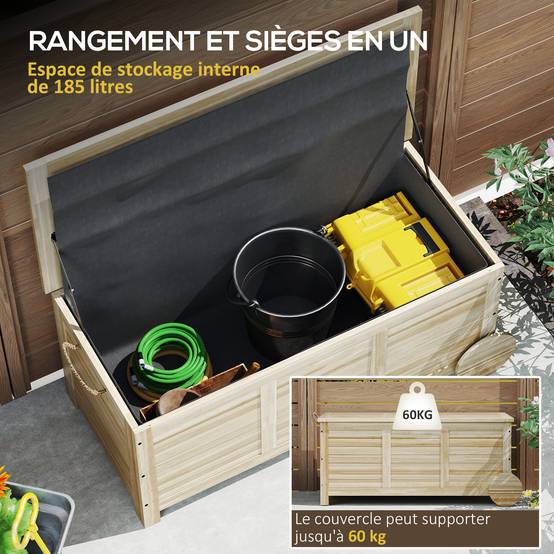 Outsunny - Coffre de jardin 185L banc dim. 110 x 50 x 50 cm - 2 roues, poignée, compas - bois sapin pré-huilé - Outsunny - Image 5