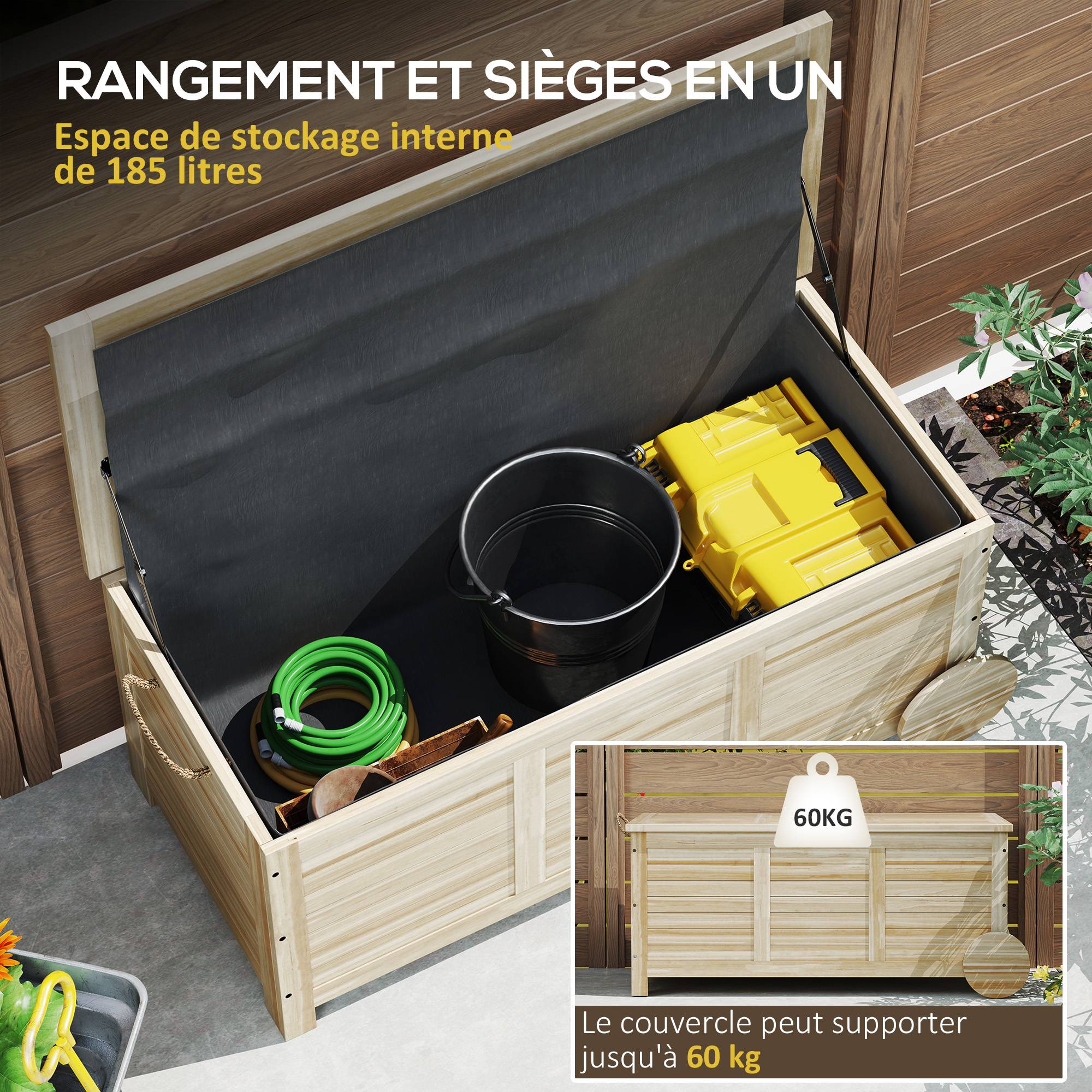 Outsunny - Coffre de jardin 185L banc dim. 110 x 50 x 50 cm - 2 roues, poignée, compas - bois sapin pré-huilé - Outsunny - Image 5