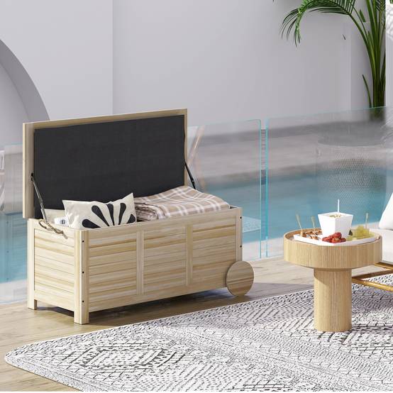 Outsunny - Coffre de jardin 185L banc dim. 110 x 50 x 50 cm - 2 roues, poignée, compas - bois sapin pré-huilé - Outsunny - Image 4